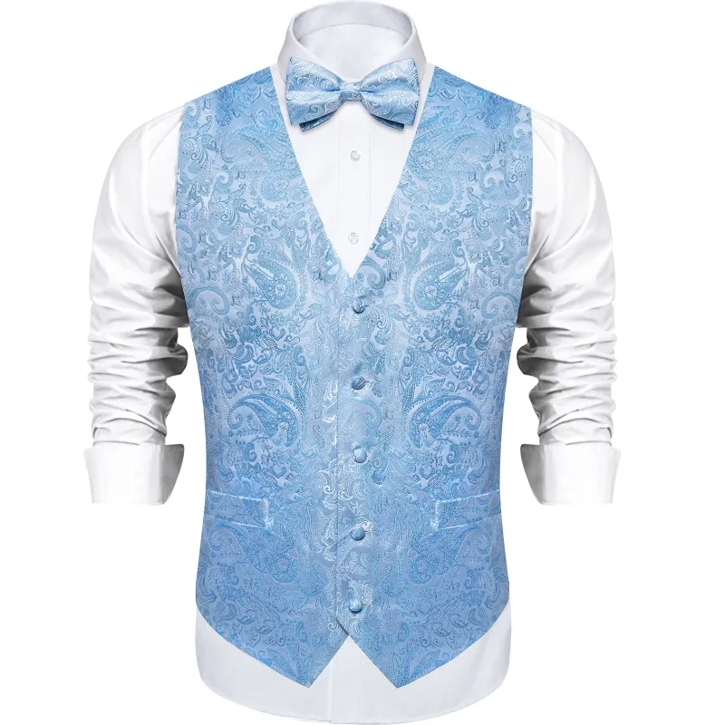 Ties2you Light Blue Vest Bow Tie Set for Men Paisley Silk Jacquard Suit Waistcoat Formal made by Ties2You