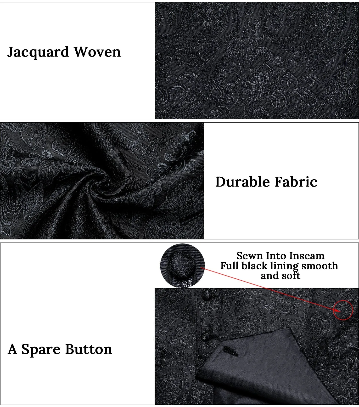 Ties2you Black Paisley Vest Mens Jacquard Silk Suit Waistcoat Tie Hanky Cufflinks Set for Formal sold by Ties2You product image thumbnail 4