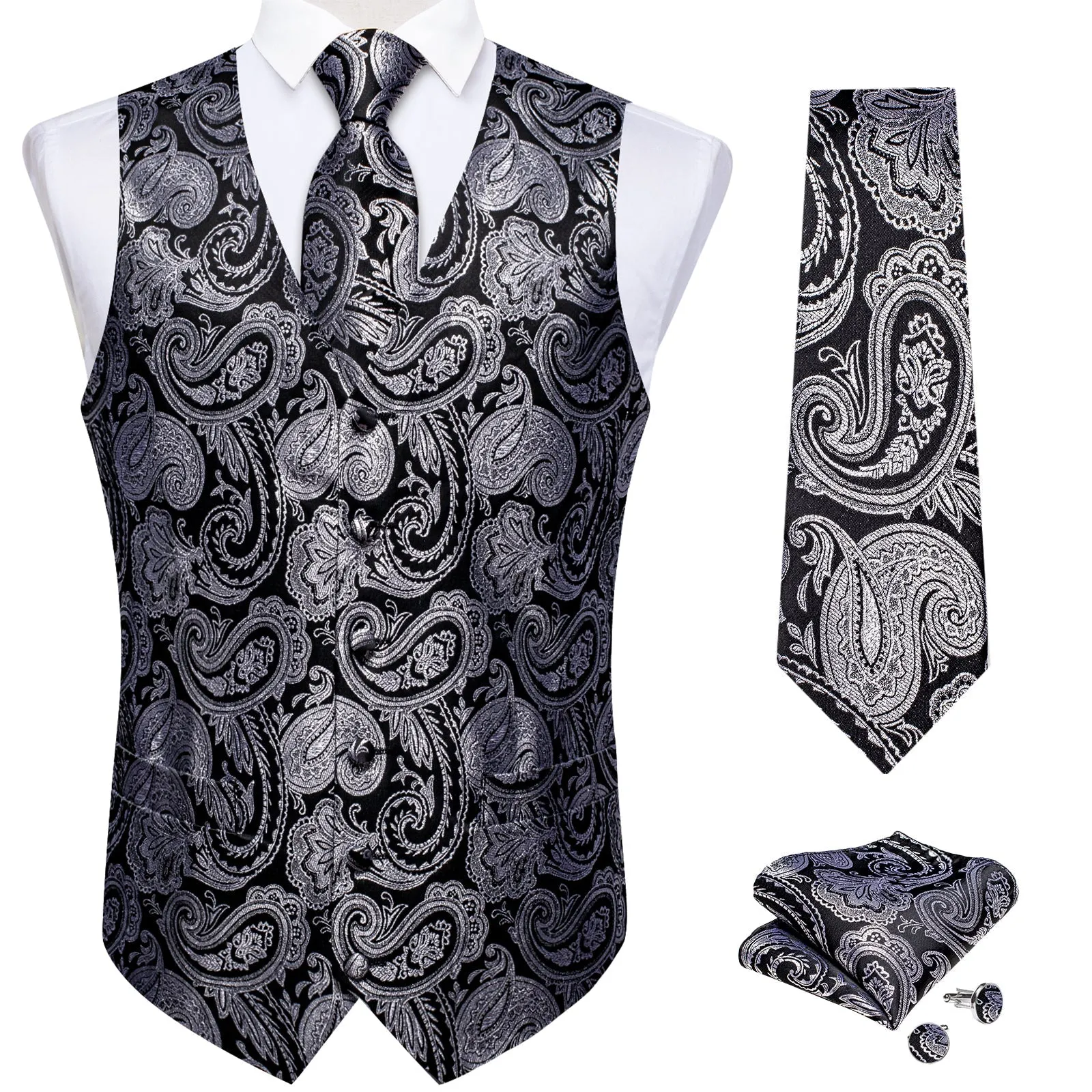 Ties2you Men's Black Grey Suit Vest for Business Dress Paisley Jacquard Silk Waistcoat Hanky Cufflinks Tie Set sold by Ties2You product image thumbnail 3