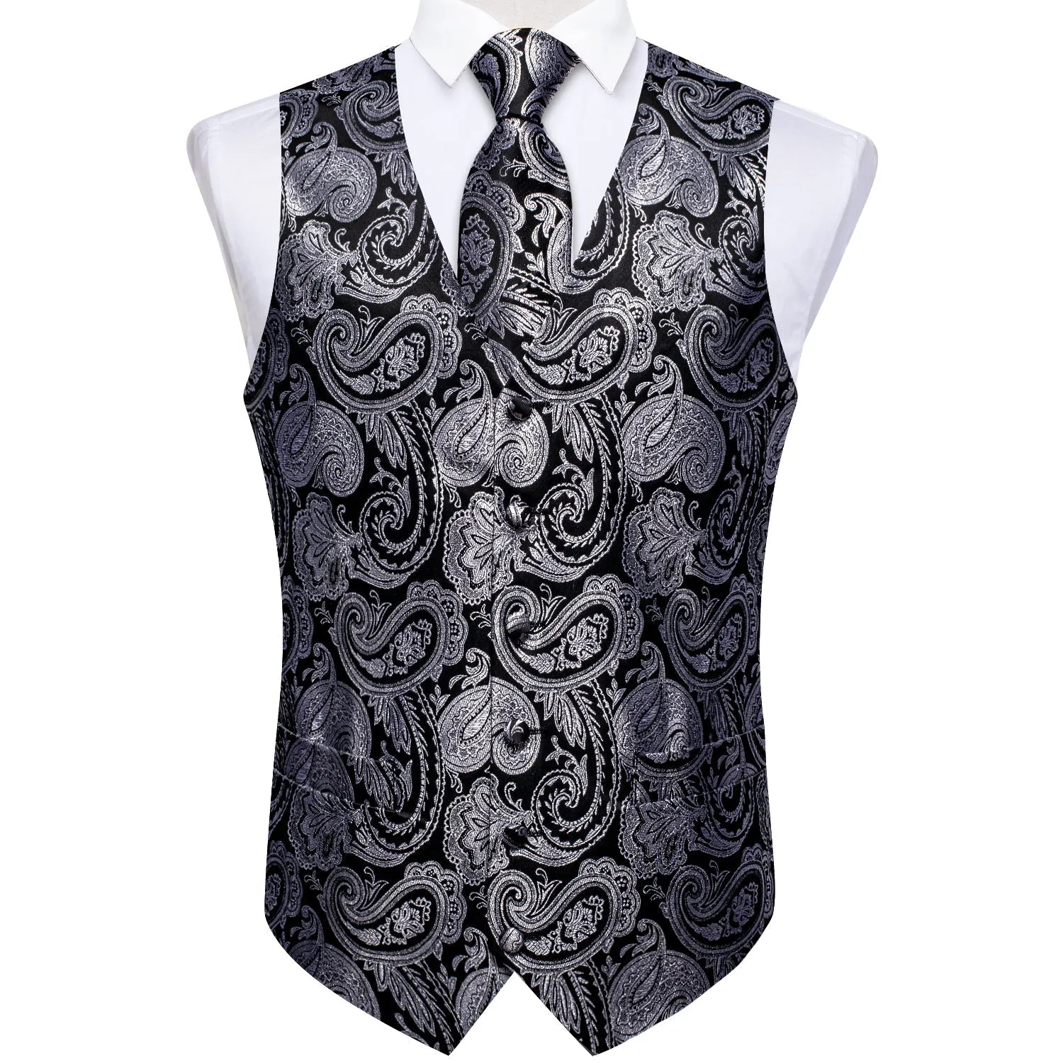 Ties2you Men's Black Grey Suit Vest for Business Dress Paisley Jacquard Silk Waistcoat Hanky Cufflinks Tie Set sold by Ties2You product image thumbnail 2