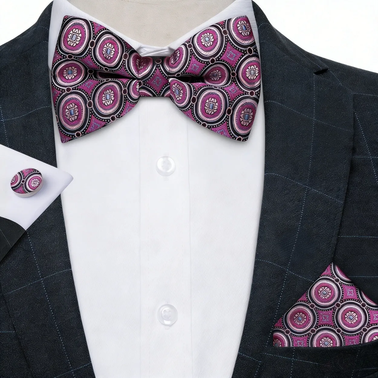 Ties2you Polka Dot Bow Tie Pink Tuxedo Pre-tied Bowtie Handkerchief Cufflinks Set sold by Ties2You