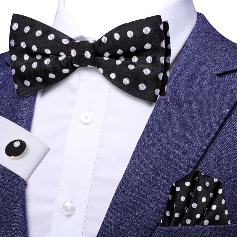 Ties2you Black Polka Dot Bow Tie Pre-tied Wedding Bowtie Hanky Cufflinks Set made by Ties2You