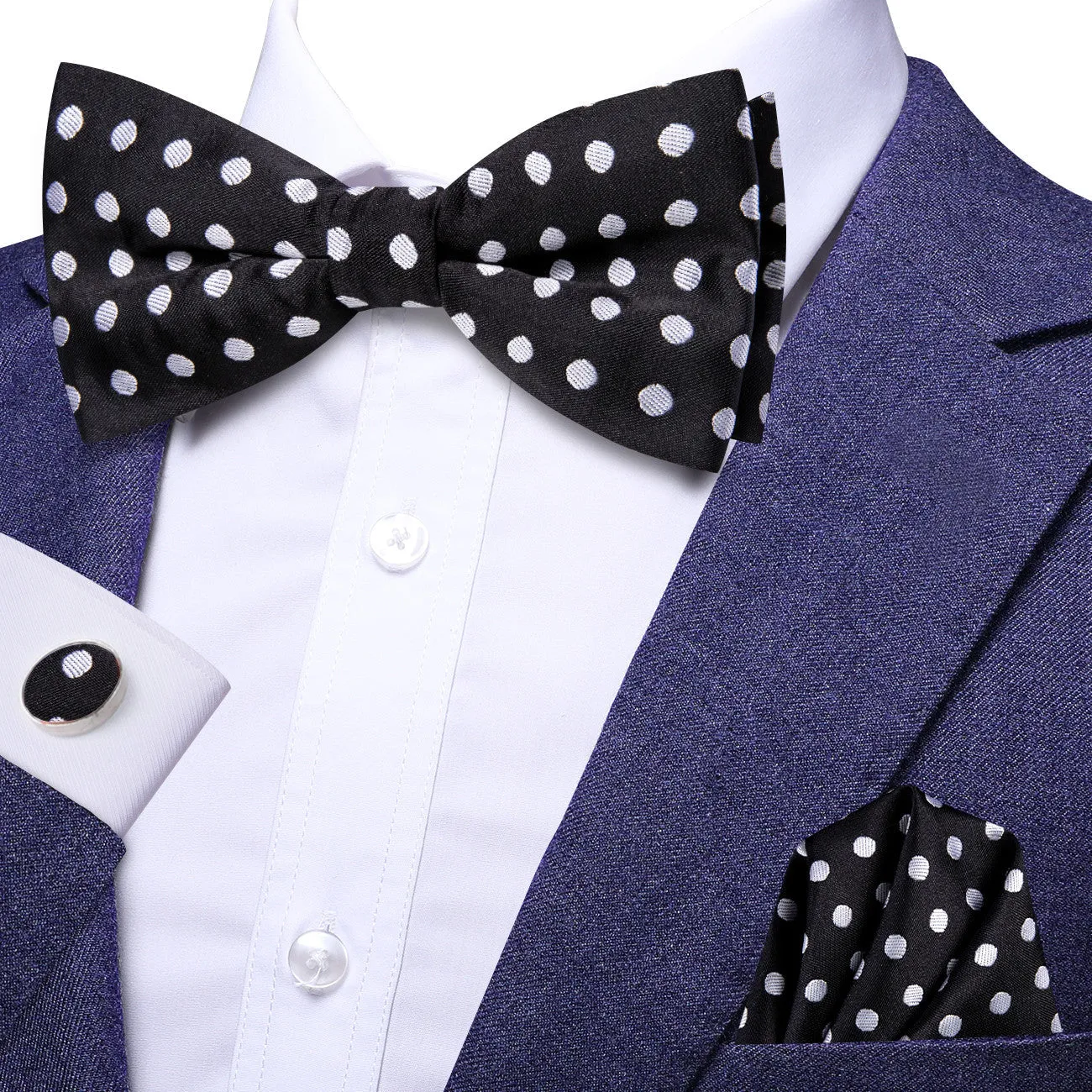 Ties2you Black Polka Dot Bow Tie Pre-tied Wedding Bowtie Hanky Cufflinks Set sold by Ties2You