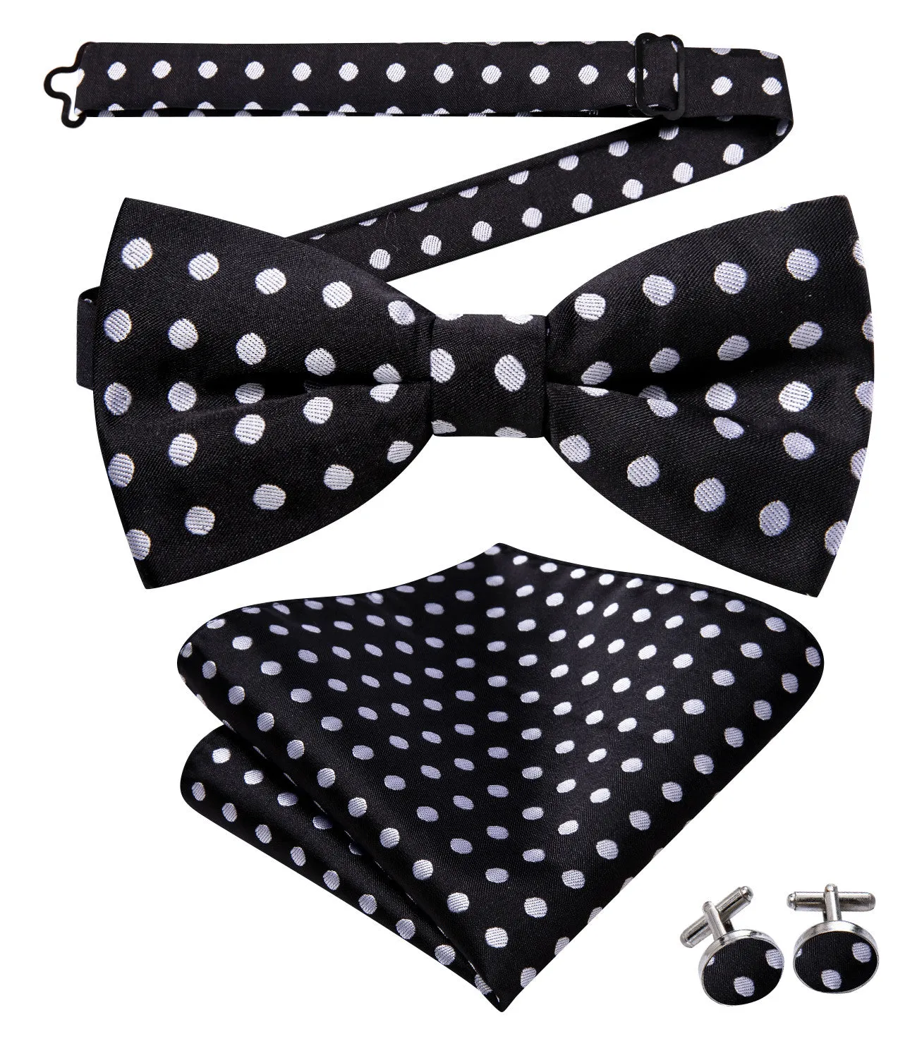 Ties2you Black Polka Dot Bow Tie Pre-tied Wedding Bowtie Hanky Cufflinks Set sold by Ties2You product image thumbnail 2