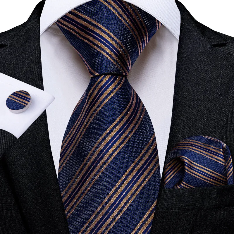 Ties2you Navy Blue Necktie Mens Striped Silk FormalTie Handkerchief Cufflinks Set made by Ties2You