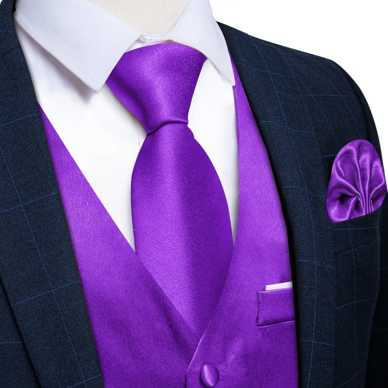 Ties2you Purple Suit Vest Solid Silk V-Neck Men's Formal Waistcoat Hanky Cufflinks Tie Set made by Ties2You