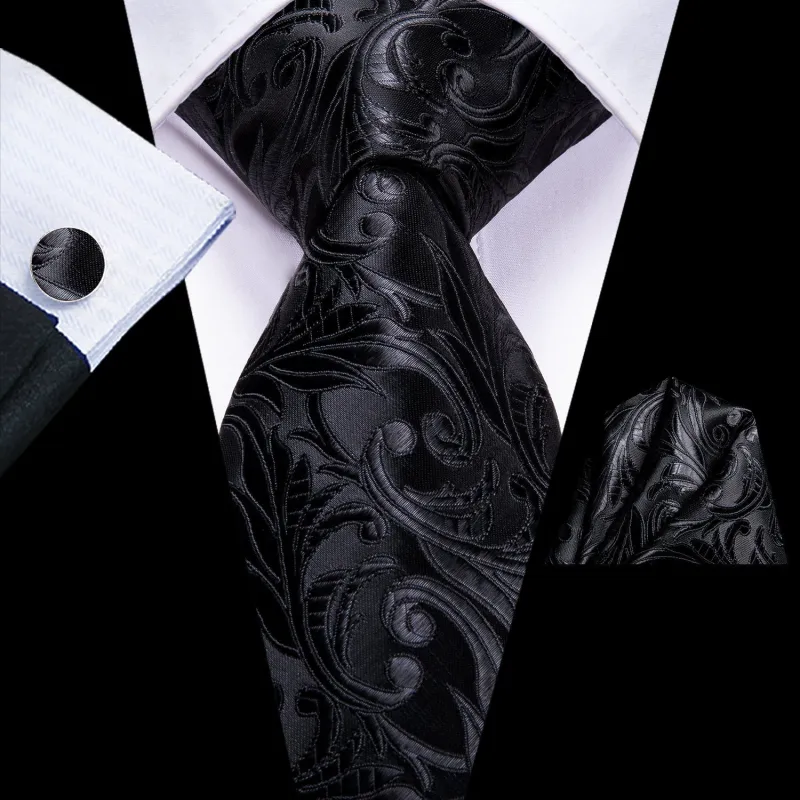 Ties2you Black Floral Necktie Mens Wedding Suit Tie Pocket Square Cufflinks Set made by Ties2You