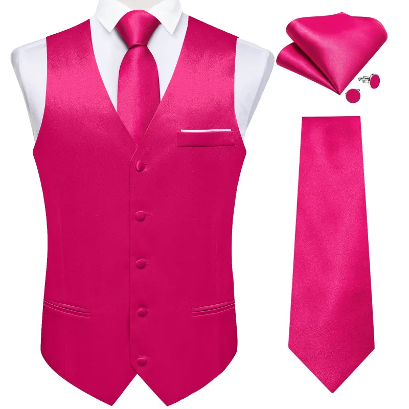 Ties2you Mens Fuchsia Pink Vest Tie Set Solid Slim Fit Satin Hanky Cufflinks Casual Dress Prom made by Ties2You