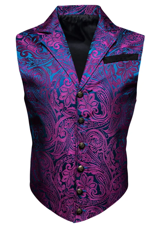 Ties2you Men's Purple Floral Suit Vest Blue Silk Collar Notch Victorian Waistcoat made by Ties2You