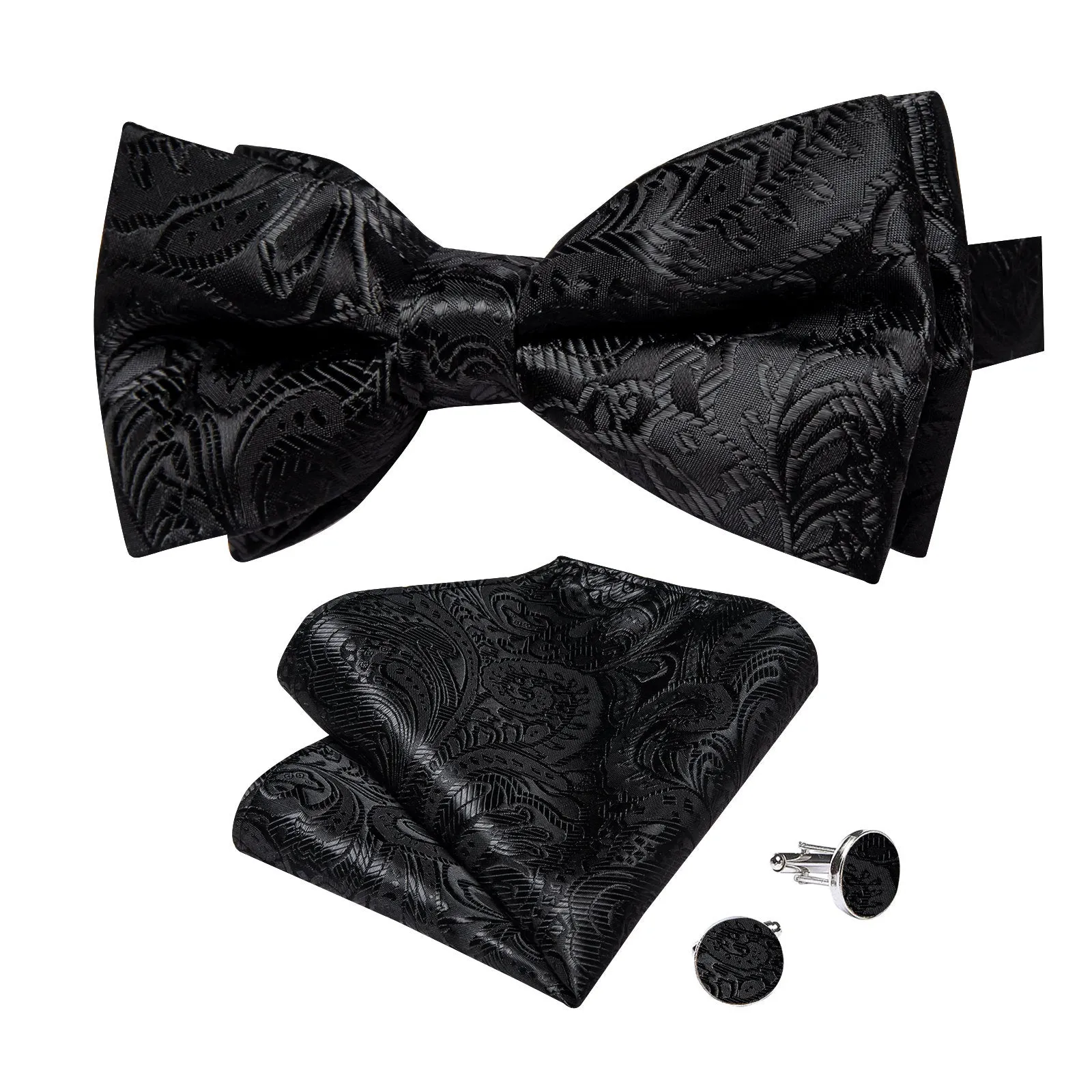 Ties2you Paisley Bow Tie Black Tuxedo Pre-Tied Bowtie Pocket Square Cufflinks Set for Men sold by Ties2You product image thumbnail 2