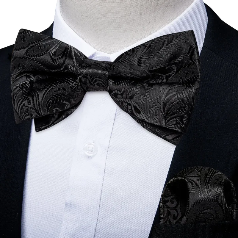 Ties2you Paisley Bow Tie Black Tuxedo Pre-Tied Bowtie Pocket Square Cufflinks Set for Men made by Ties2You