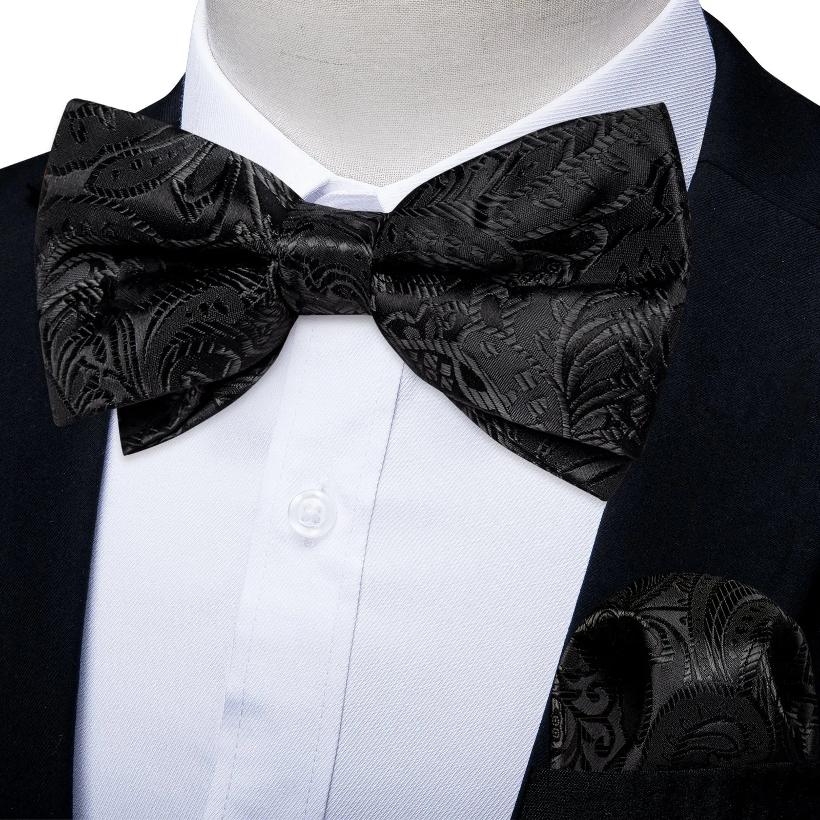 Ties2you Paisley Bow Tie Black Tuxedo Pre-Tied Bowtie Pocket Square Cufflinks Set for Men sold by Ties2You
