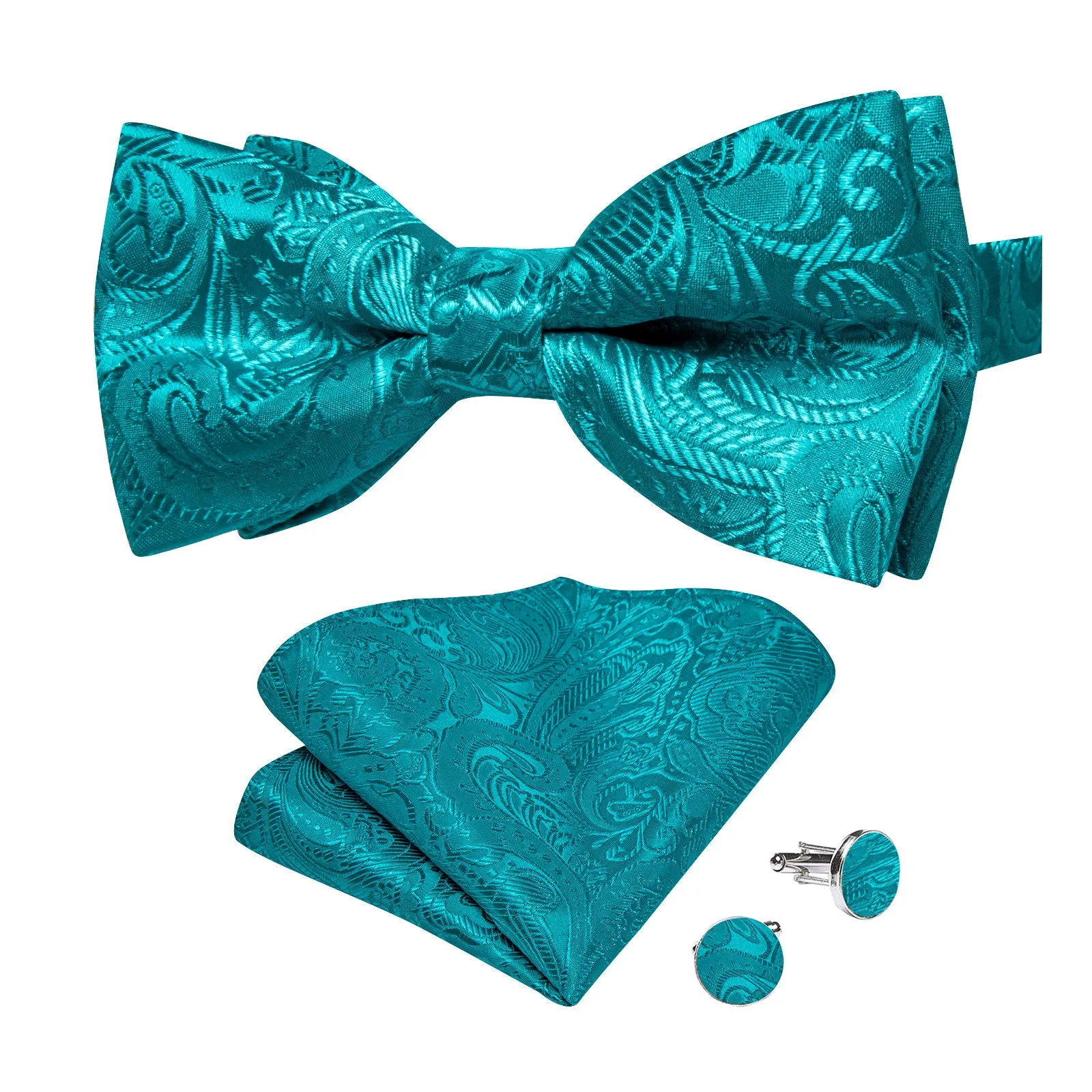 Ties2you Paisley Bow Tie Teal Tuxedo Pre-Tied Bowtie Hanky Cufflinks Set sold by Ties2You product image thumbnail 2
