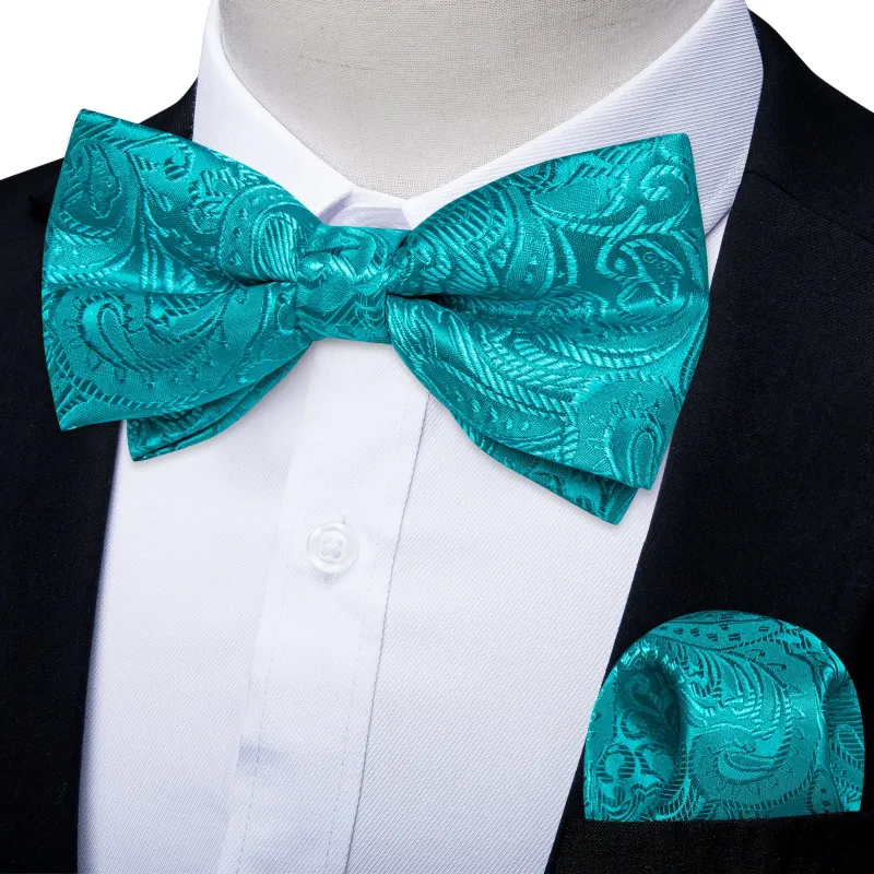 Ties2you Paisley Bow Tie Teal Tuxedo Pre-Tied Bowtie Hanky Cufflinks Set made by Ties2You