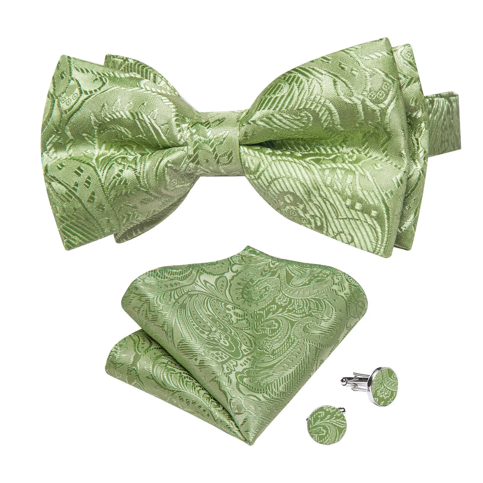 Ties2you Sage Green Bow Tie Pre-Tied Silk Bowtie Hanky Cufflinks Set sold by Ties2You product image thumbnail 2