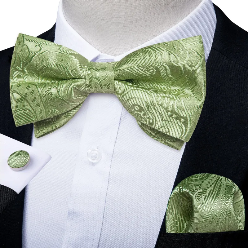 Ties2you Sage Green Bow Tie Pre-Tied Silk Bowtie Hanky Cufflinks Set made by Ties2You