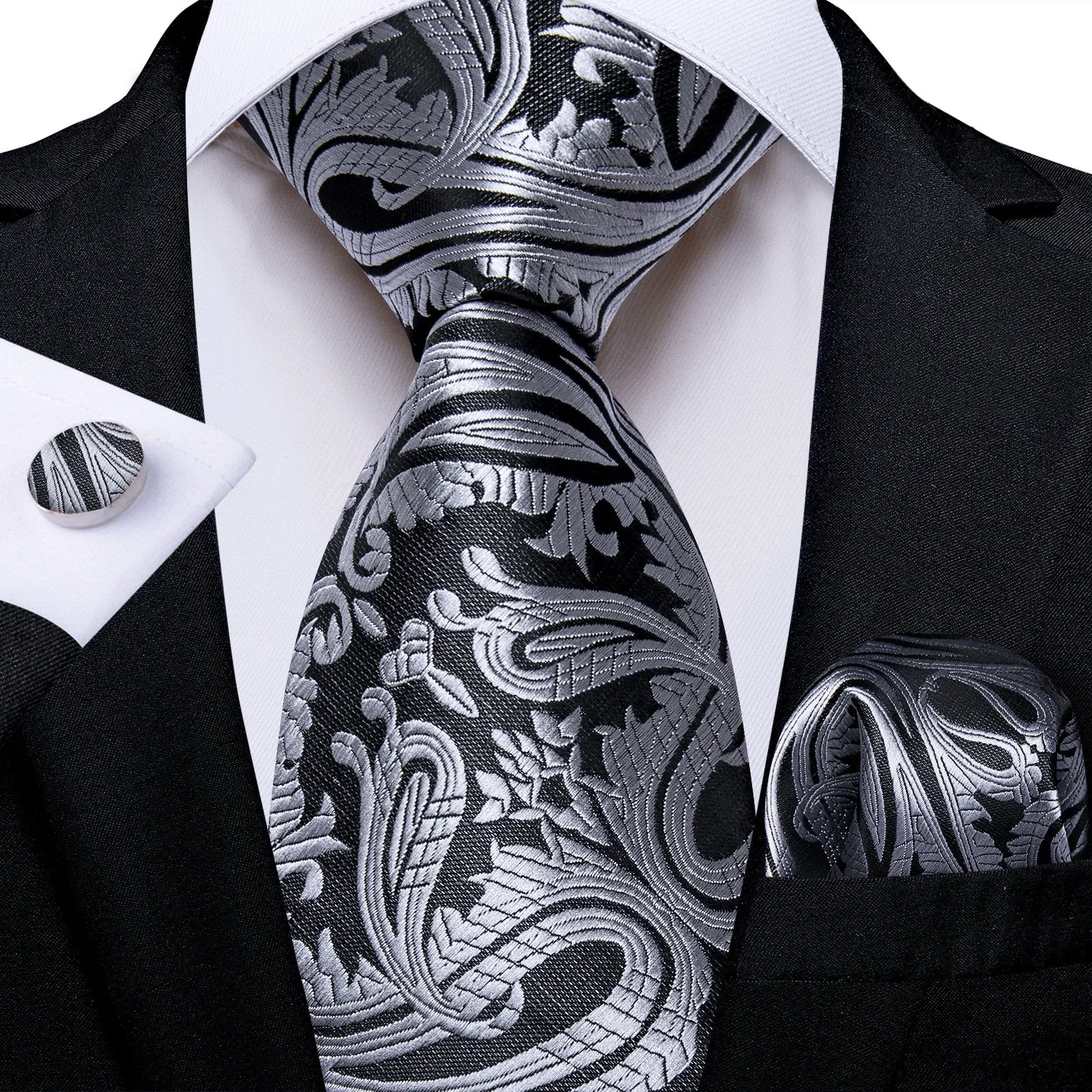 Ties2you Paisley Tie Grey Silk Necktie Handkerchief Cufflinks Set for Business sold by Ties2You