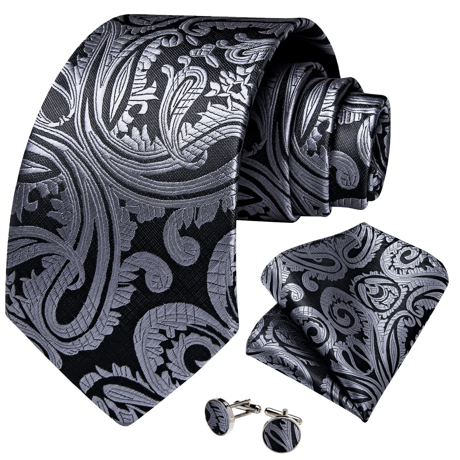 Ties2you Paisley Tie Grey Silk Necktie Handkerchief Cufflinks Set for Business sold by Ties2You product image thumbnail 2