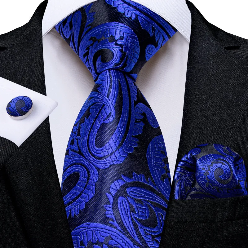 Ties2you Royal Blue Tie Paisley Formal Silk Necktie Handkerchief Cufflinks Set made by Ties2You