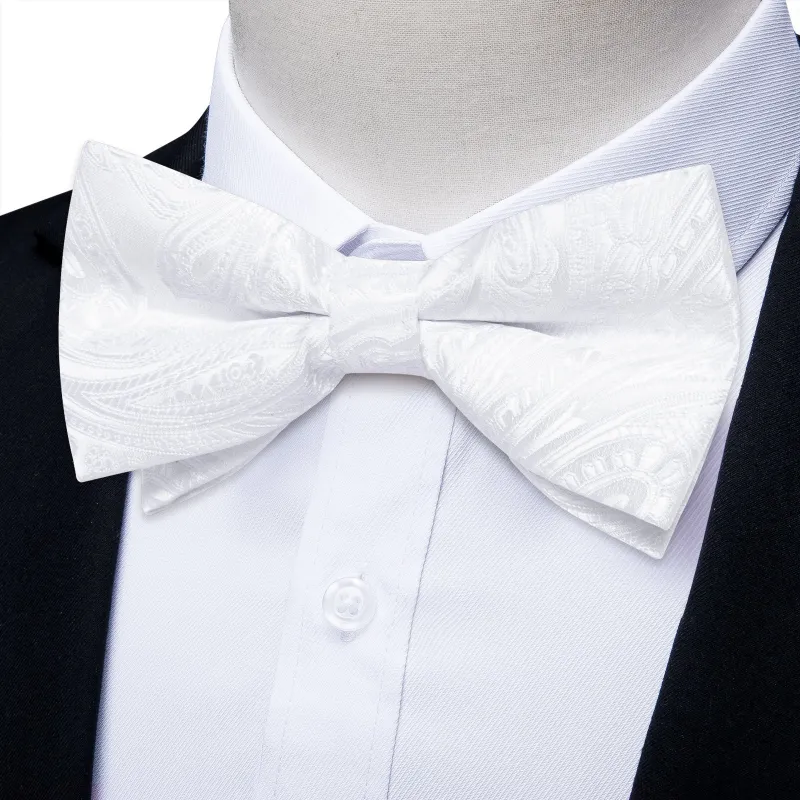 Ties2you White Paisley Bow Tie for Men Pre-Tied Silk Bowtie Pocket Square Cufflinks Set Wedding made by Ties2You