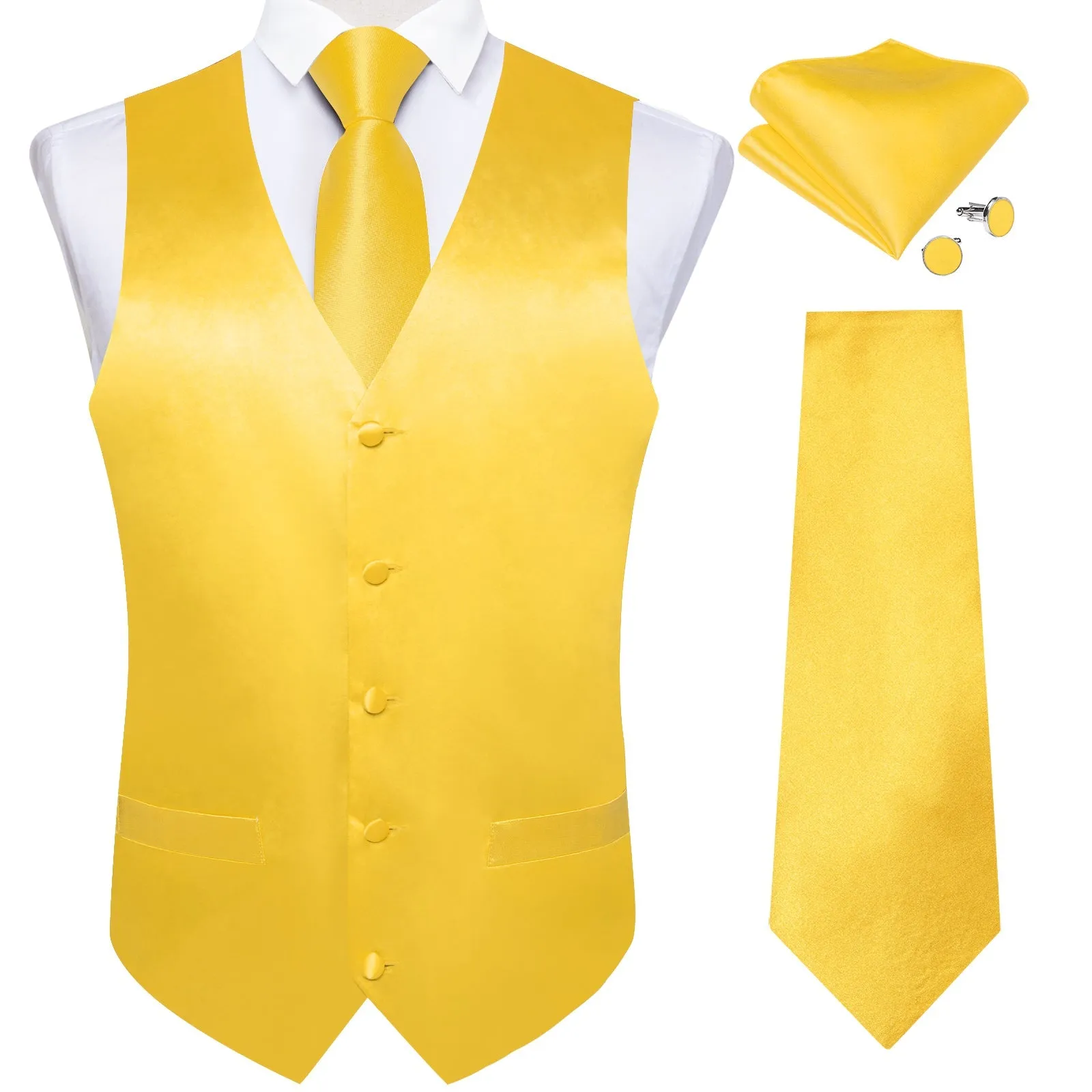 Ties2you Yellow Suit Vest for Men Solid Satin Silk Hanky Tie Cufflinks Set Wedding Party sold by Ties2You product image thumbnail 2