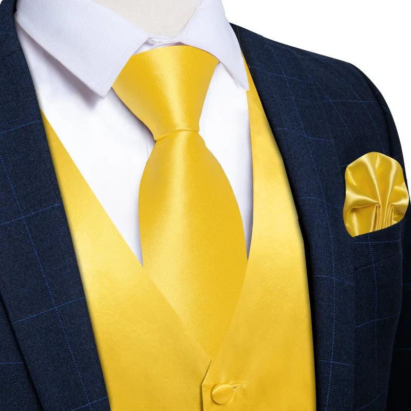 Ties2you Yellow Suit Vest for Men Solid Satin Silk Hanky Tie Cufflinks Set Wedding Party made by Ties2You