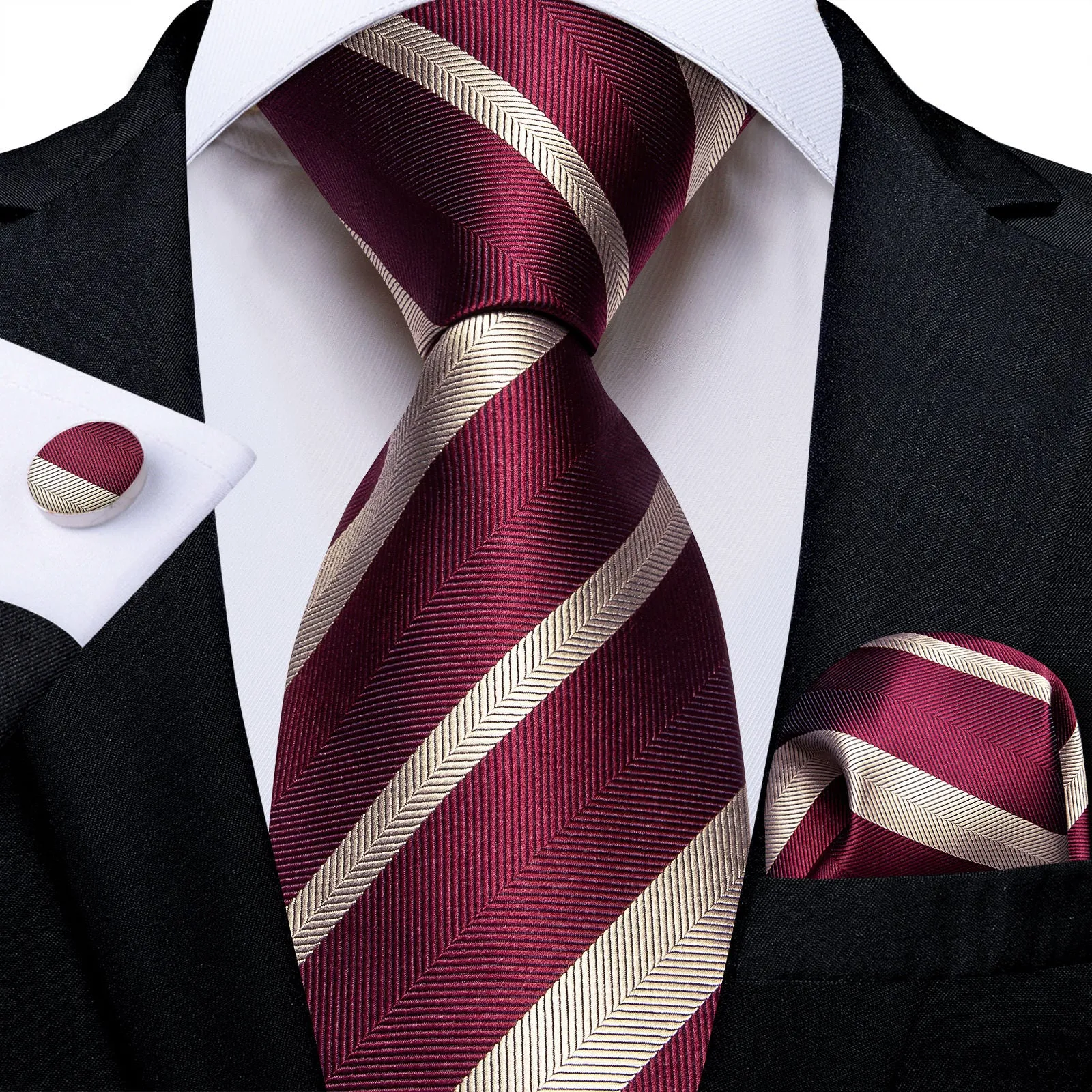 Ties2you Maroon Necktie Striped Business Silk Tie Pocket Square Cufflinks Set sold by Ties2You