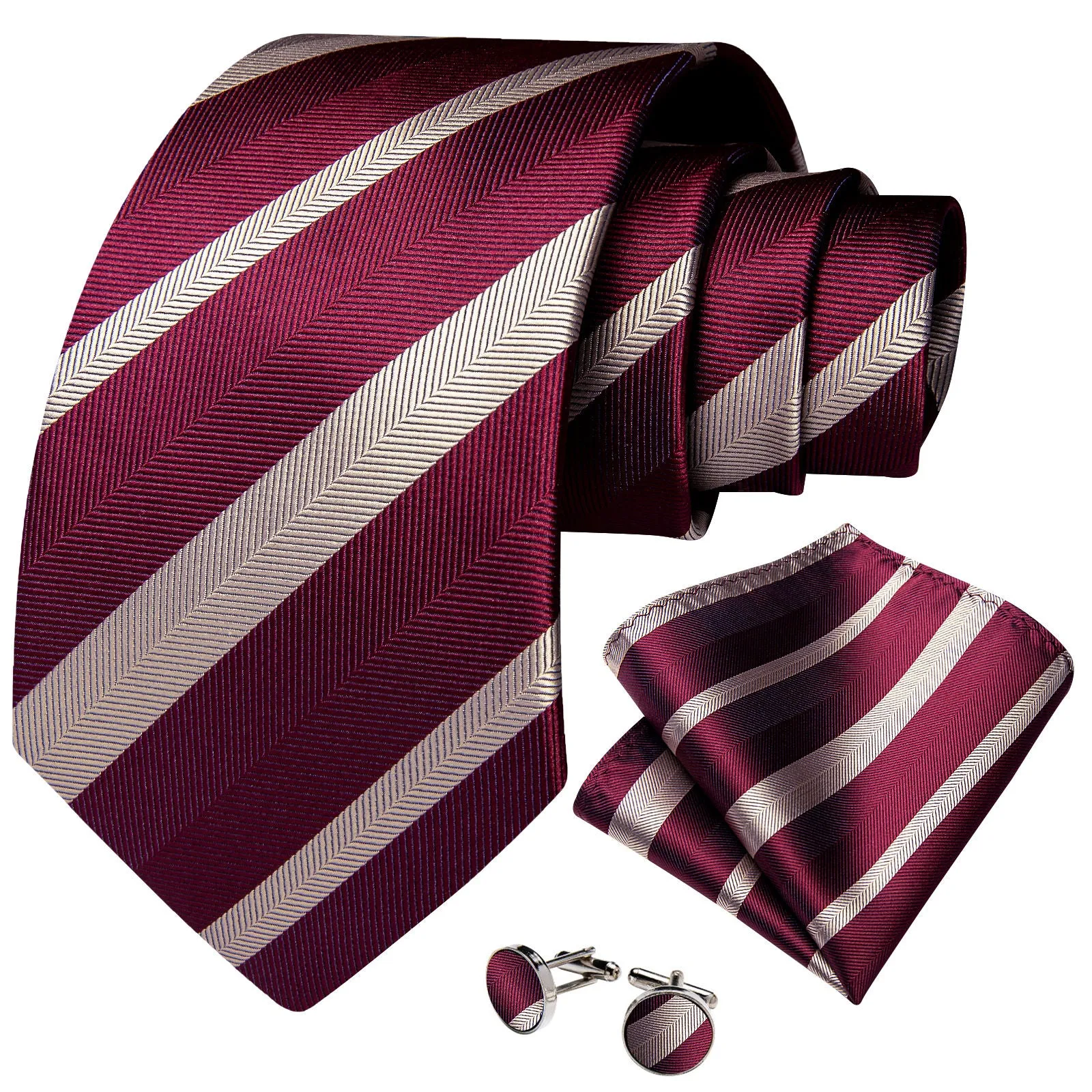 Ties2you Maroon Necktie Striped Business Silk Tie Pocket Square Cufflinks Set sold by Ties2You product image thumbnail 3