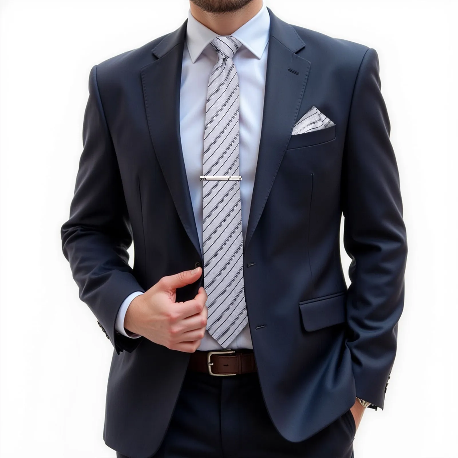 Ties2you Striped White Necktie for Men Business Tie Pocket Square Cufflinks Set sold by Ties2You product image thumbnail 2