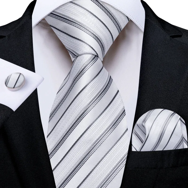 Ties2you Striped White Necktie for Men Business Tie Pocket Square Cufflinks Set made by Ties2You