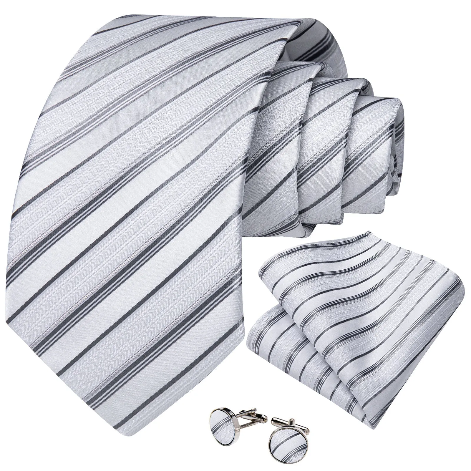 Ties2you Striped White Necktie for Men Business Tie Pocket Square Cufflinks Set sold by Ties2You product image thumbnail 3