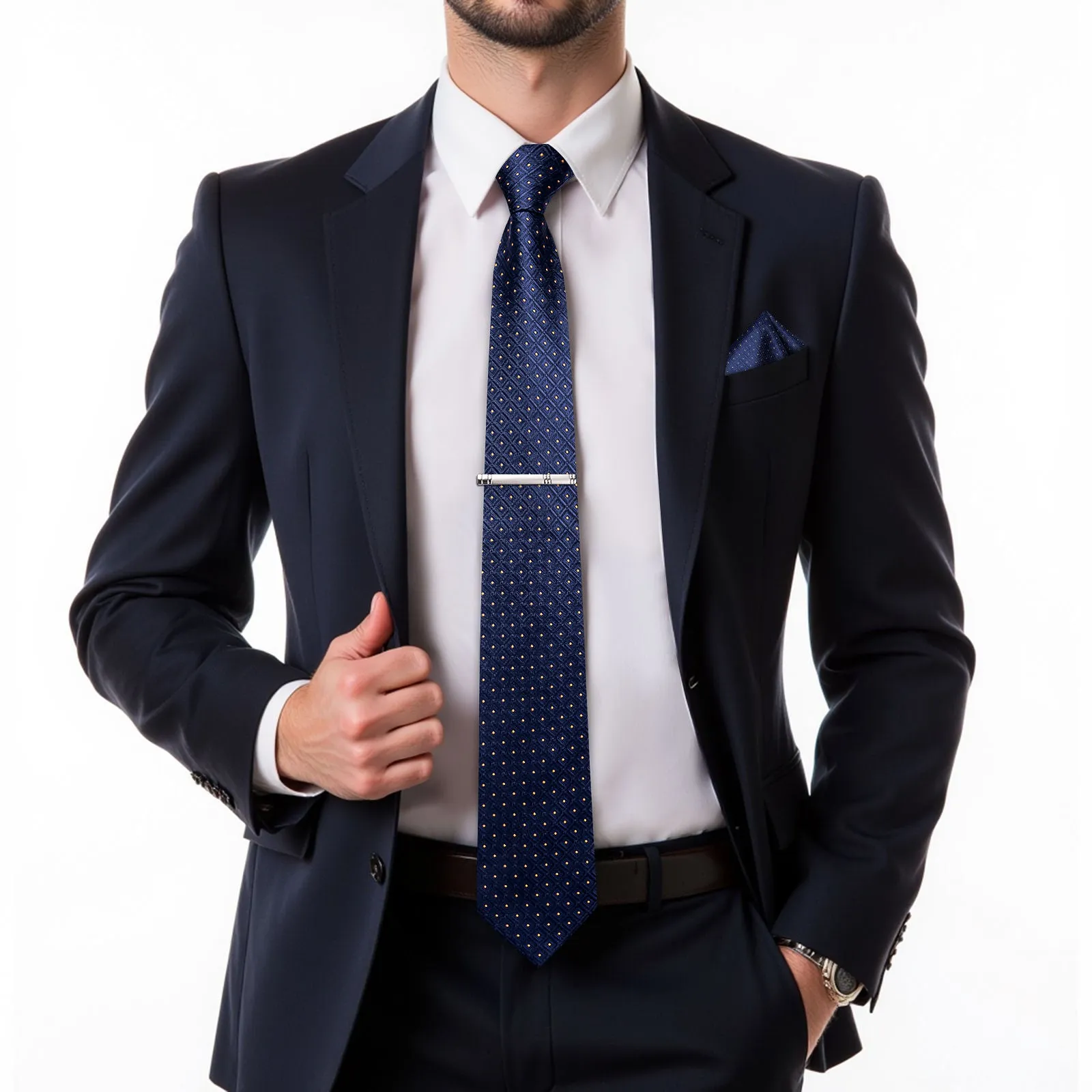 Ties2you Mens Navy Blue Necktie Plaid Formal Tie Handkerchief Cufflinks Set for Business sold by Ties2You product image thumbnail 2