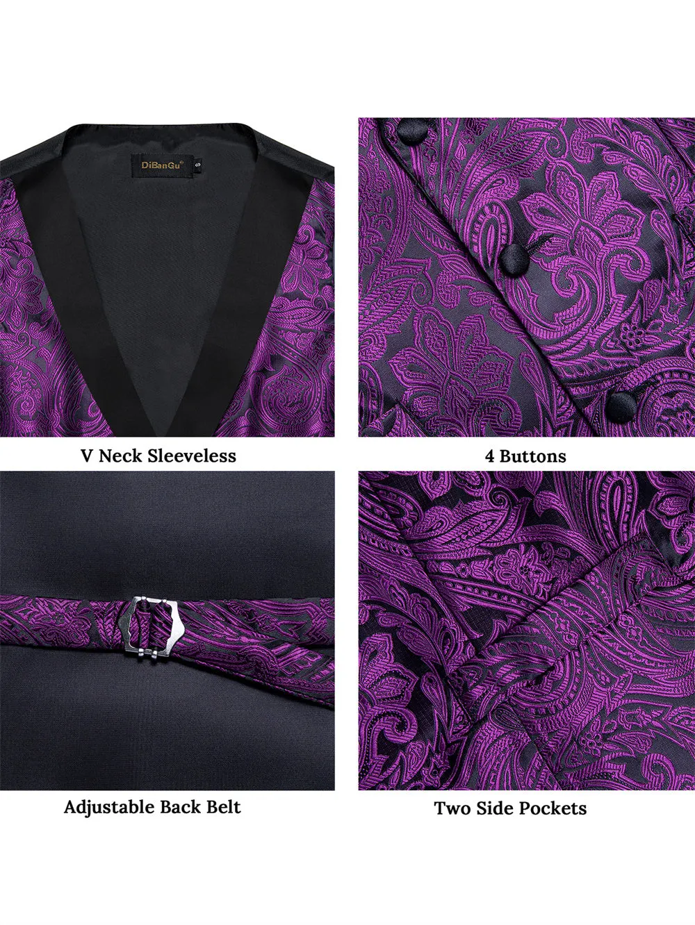 Ties2you Men's Purple Paisley Vest Bow Tie Set Collar Silk Waistcoat Hanky Cufflinks sold by Ties2You product image thumbnail 5