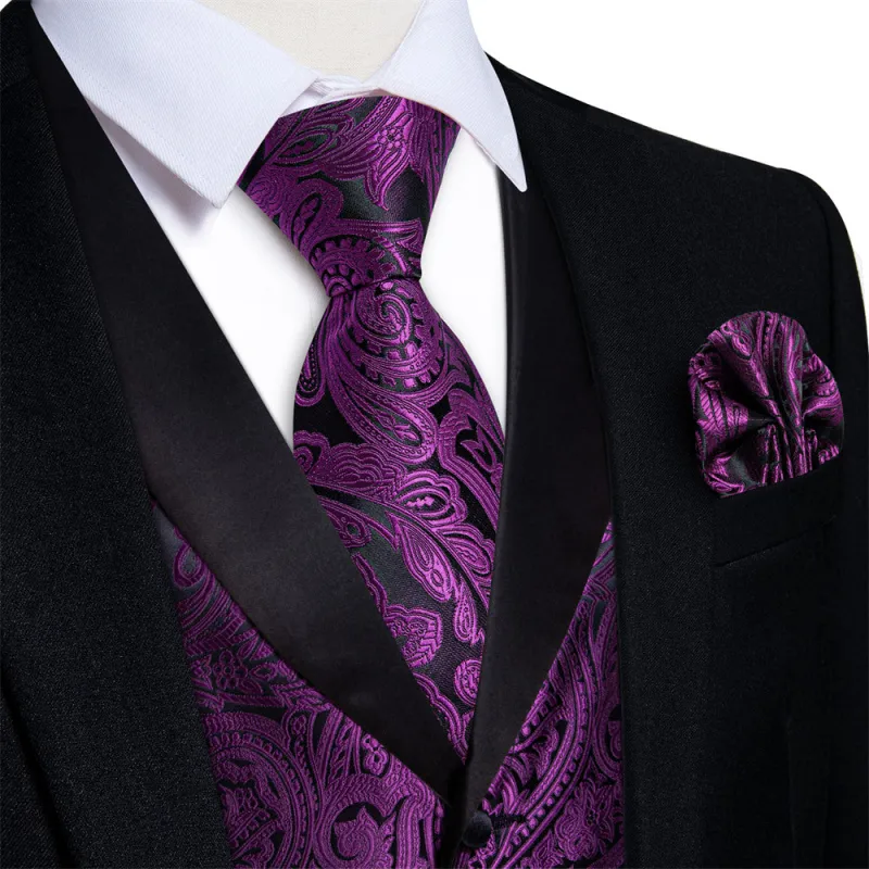 Ties2you Men's Purple Paisley Vest Bow Tie Set Collar Silk Waistcoat Hanky Cufflinks made by Ties2You