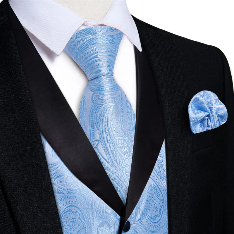 Ties2you Sky Blue Paisley Vest Mens Collar Silk Dress Waistcoat Pocket Square Cufflinks Tie Set made by Ties2You