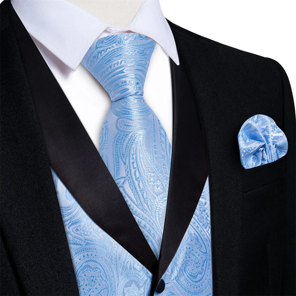 Ties2you Sky Blue Paisley Vest Mens Collar Silk Dress Waistcoat Pocket Square Cufflinks Tie Set sold by Ties2You