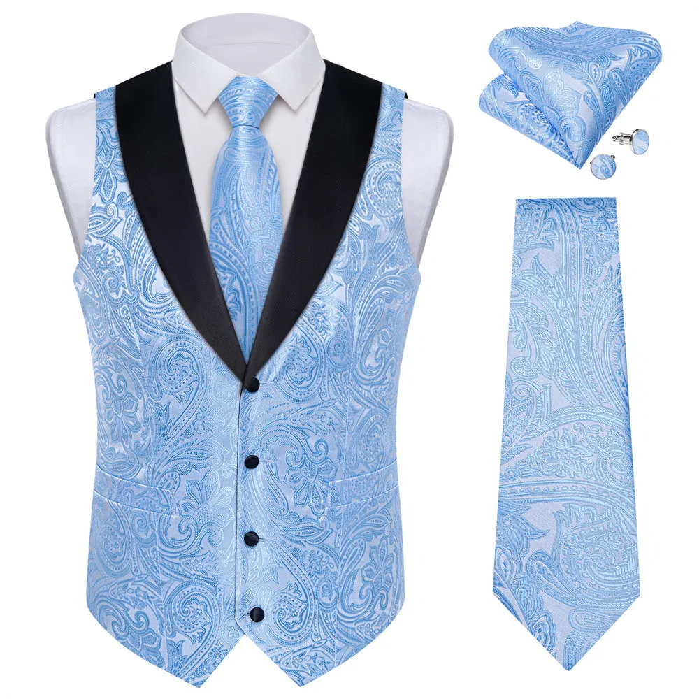 Ties2you Sky Blue Paisley Vest Mens Collar Silk Dress Waistcoat Pocket Square Cufflinks Tie Set sold by Ties2You product image thumbnail 3