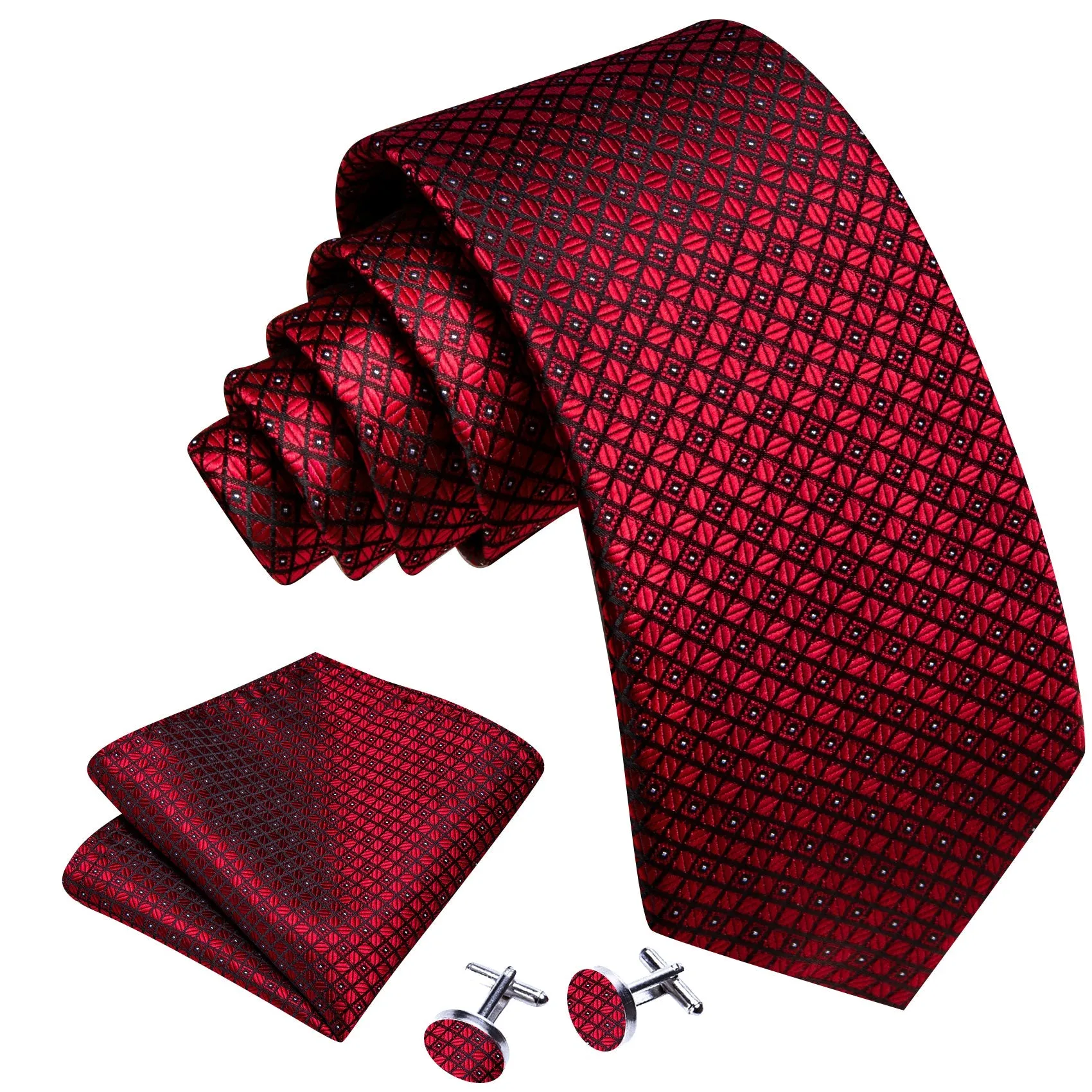 Ties2you Burgundy Red Plaid Men's Silk Jacquard Necktie Pocket Square Cufflinks Set Formal sold by Ties2You product image thumbnail 2