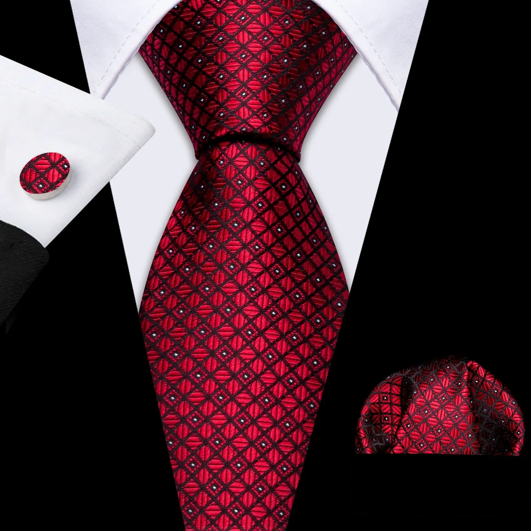 Ties2you Burgundy Red Plaid Men's Silk Jacquard Necktie Pocket Square Cufflinks Set Formal sold by Ties2You product image thumbnail 3