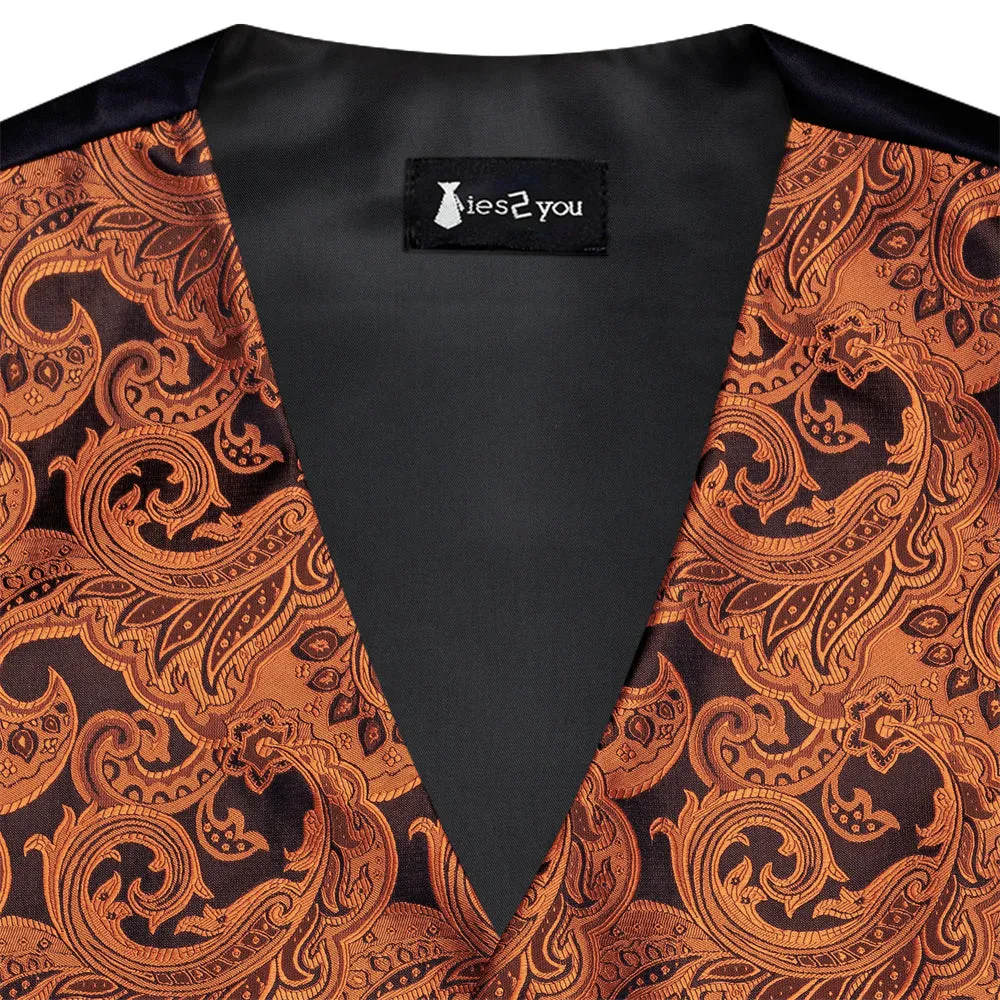 Ties2you Men's Burnt Orange Paisley Vest Black Suit V-Neck Silk Jacquard Waistcoat Necktie Hanky Set sold by Ties2You product image thumbnail 5