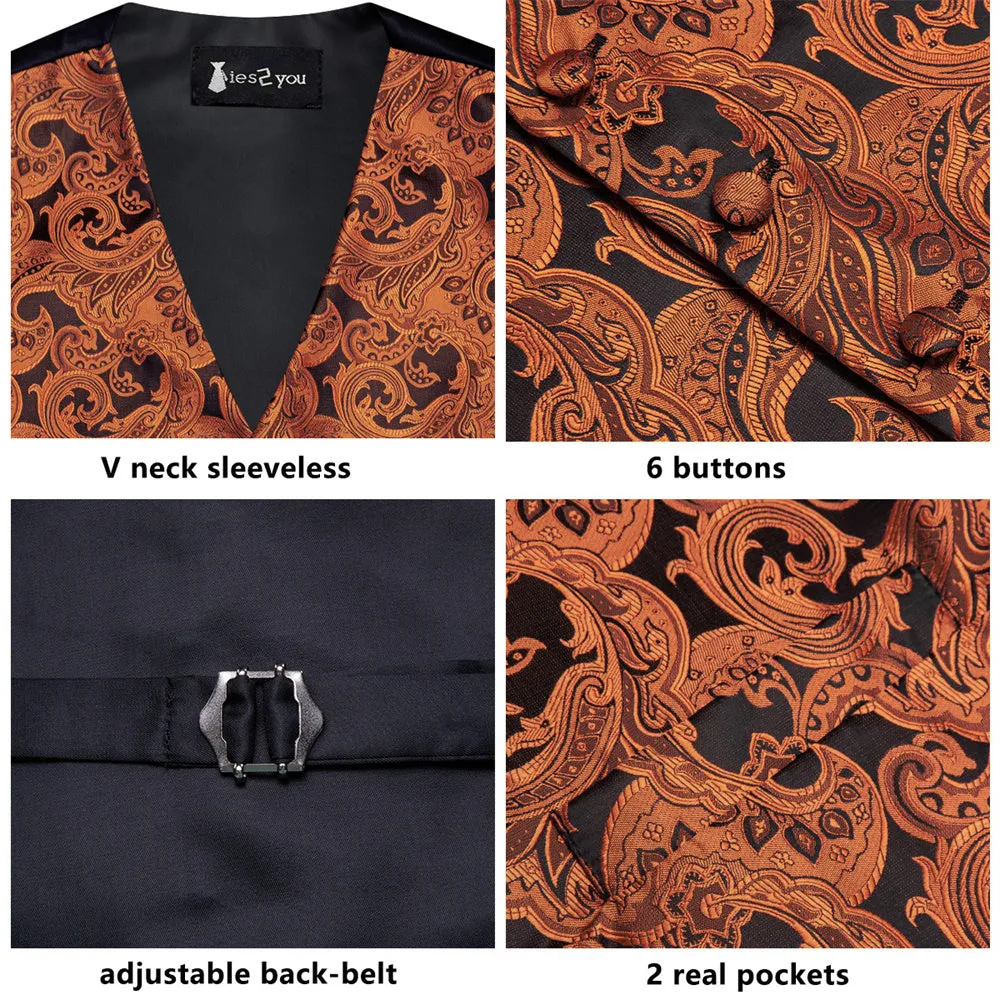 Ties2you Men's Burnt Orange Paisley Vest Black Suit V-Neck Silk Jacquard Waistcoat Necktie Hanky Set sold by Ties2You product image thumbnail 3
