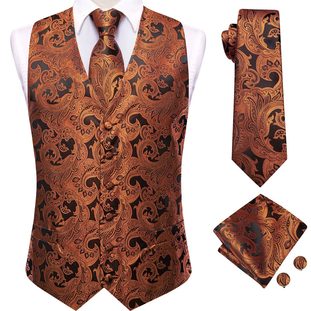 Ties2you Men's Burnt Orange Paisley Vest Black Suit V-Neck Silk Jacquard Waistcoat Necktie Hanky Set sold by Ties2You product image thumbnail 2