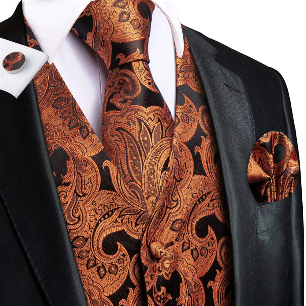 Ties2you Men's Burnt Orange Paisley Vest Black Suit V-Neck Silk Jacquard Waistcoat Necktie Hanky Set sold by Ties2You