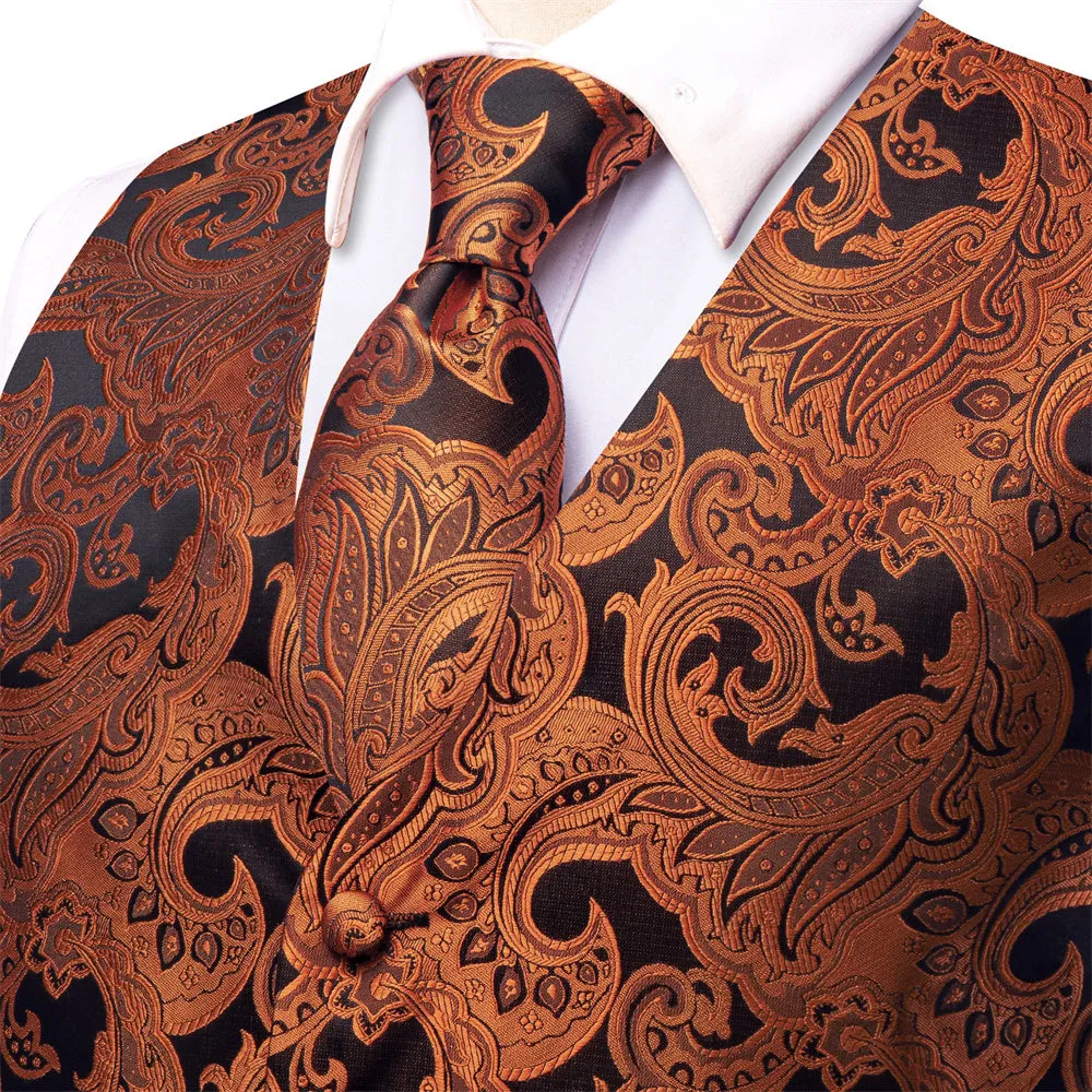 Ties2you Men's Burnt Orange Paisley Vest Black Suit V-Neck Silk Jacquard Waistcoat Necktie Hanky Set sold by Ties2You product image thumbnail 4
