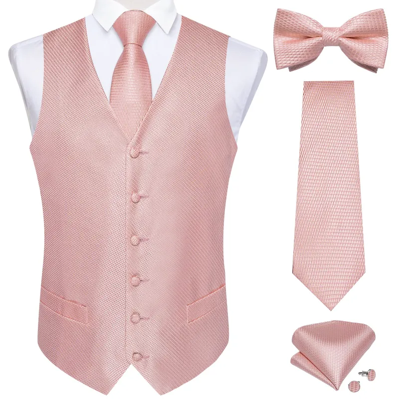 Ties2you Rose Pink Wedding Vest Jacquard Silk Men's Waistcoat Necktie Bow Tie Handkerchief Cufflinks Set 5PC made by Ties2You
