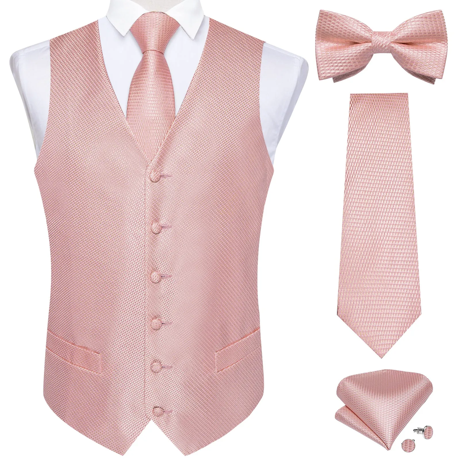 Ties2you Rose Pink Wedding Vest Jacquard Silk Men's Waistcoat Necktie Bow Tie Handkerchief Cufflinks Set 5PC sold by Ties2You