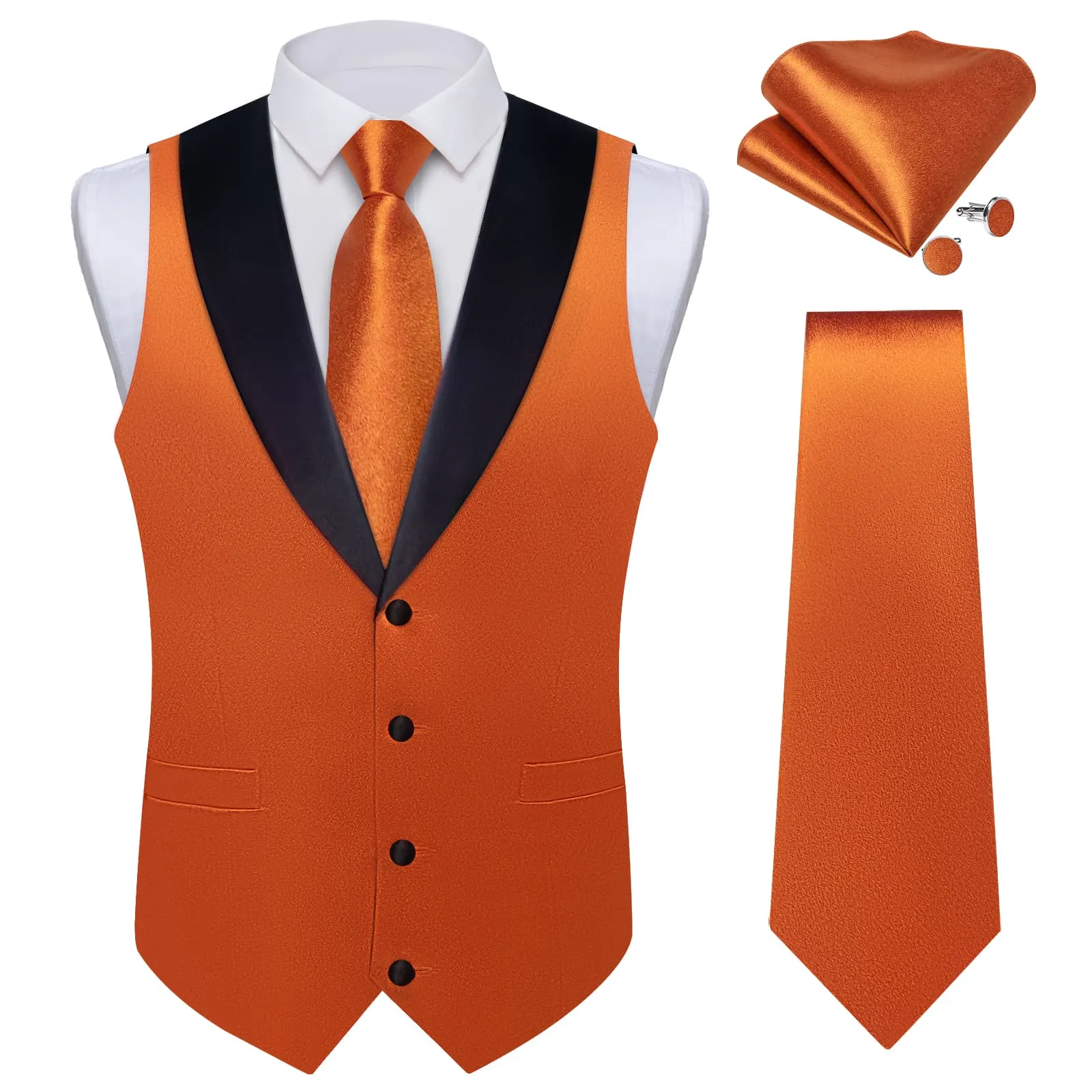 Ties2you Burnt Orange Suit Vest Mens Solid Shawl Collar Formal Satin Waistcoat Tie Hanky Cufflinks Set sold by Ties2You product image thumbnail 2