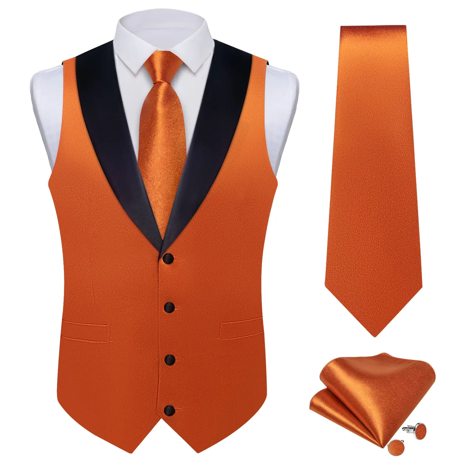Ties2you Burnt Orange Suit Vest Mens Solid Shawl Collar Formal Satin Waistcoat Tie Hanky Cufflinks Set sold by Ties2You product image thumbnail 3