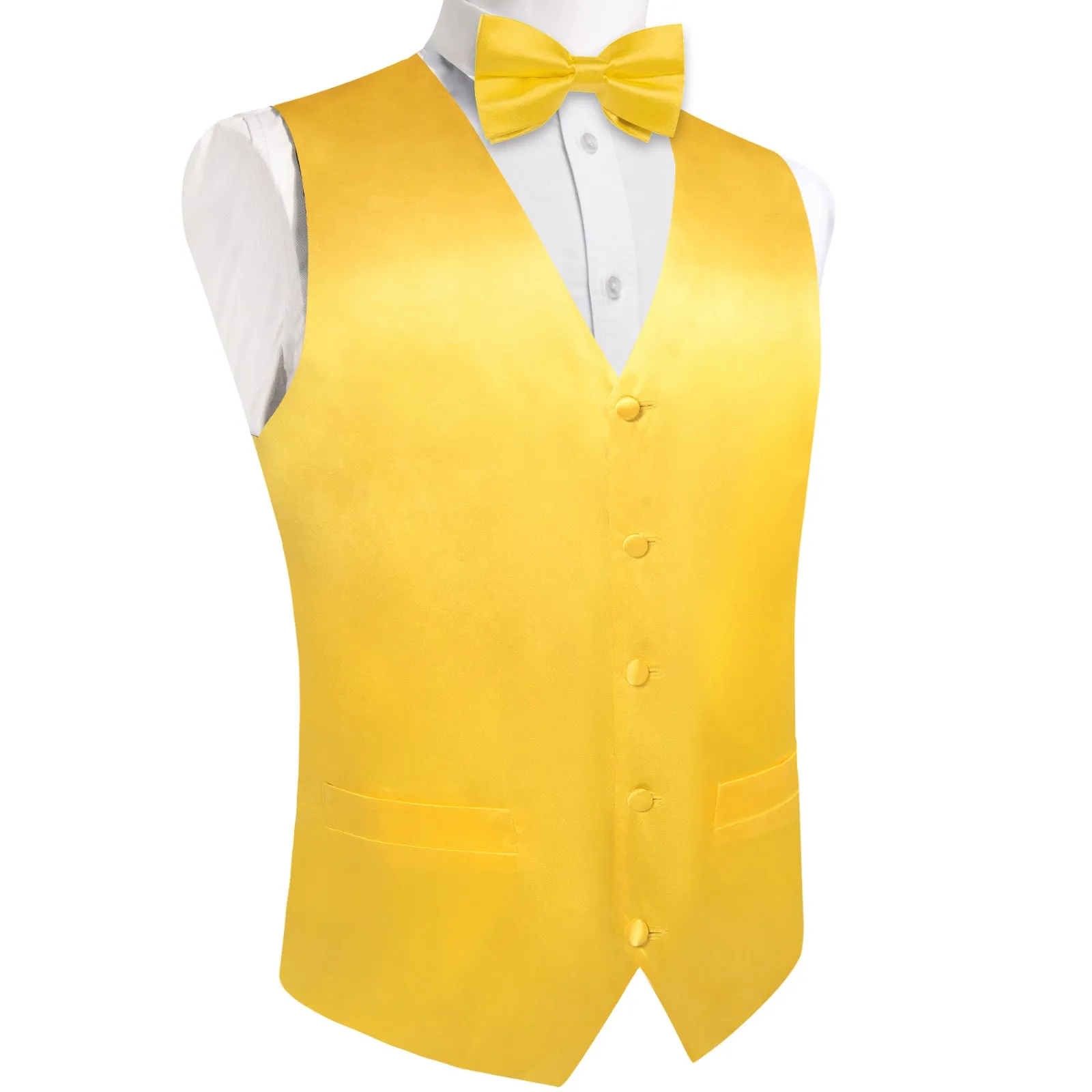 Ties2you Men's Yellow Dress Vest Solid Satin Silk Pocket Square Cufflinks Bow Tie Set sold by Ties2You