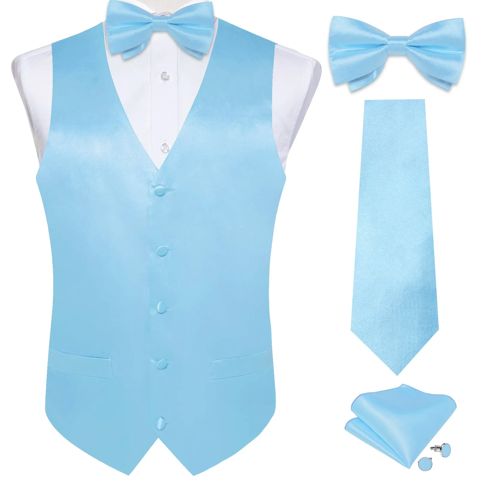 Ties2you Sky Blue Wedding Vest Mens Solid Silk Suit Waistcoat Handkerchief Cufflinks Bow Tie Set sold by Ties2You product image thumbnail 2
